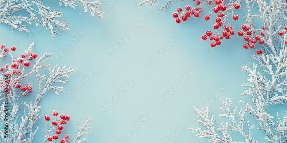 Aufkleber snow covered branches frame red berries winter background