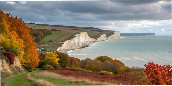 View of the Seven Sisters chalk cliffs during autumn with colorful foliage
