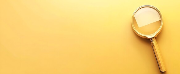 Golden magnifying glass on yellow background emphasizing copy space