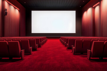 Modern red carpet wooden cinema hall with empty white mock up banner on wall. 3D Rendering.