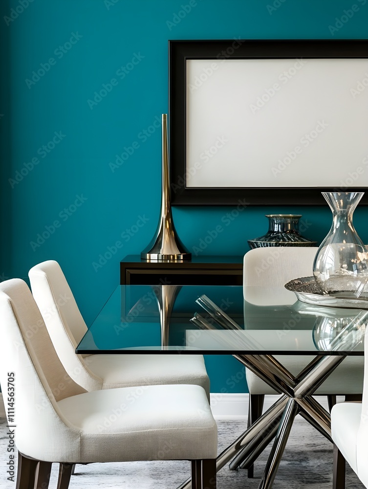 Wall mural A contemporary dining area with a black frame hanging on a teal accent wall, paired with a modern glass table and upholstered chairs.