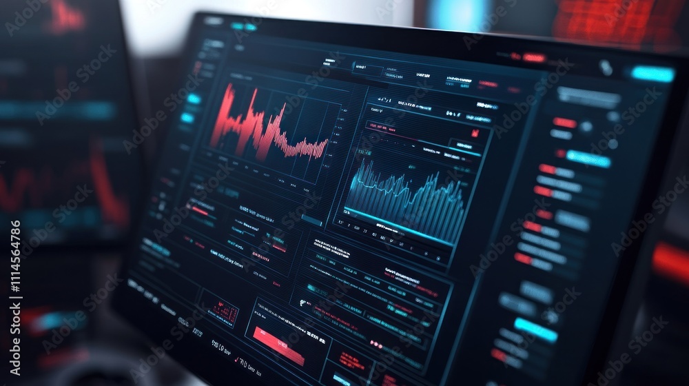 Poster computer screen displays financial market data graphs
