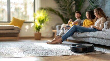 Robotic vacuum cleaning a carpet in a modern living room while a family relaxes on the sofa, showcasing convenience and smart home technology