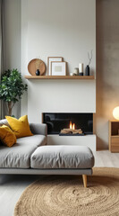 Fototapeta premium modern living room with gray sectional sofa minimalist fireplace