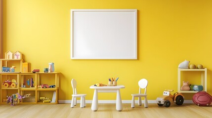 A children&rsquo;s play area with a cheerful white blank frame hanging on a bright yellow wall, surrounded by toy shelves and a miniature table with chairs.