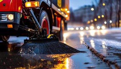 A street sweeper cleans a wet road at dusk, illuminated by city lights, showcasing urban maintenance and cleanliness in an atmospheric setting.