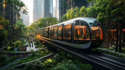 Obraz premium Futuristic train in lush city park.
