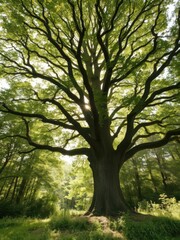 Obraz premium Majestic tree with sun rays shining through canopy in lush wild forest, natural, trees