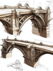 Fototapeta premium A CAD rendering of an arched bridge with detailed support structures, shown in isometric and side views.