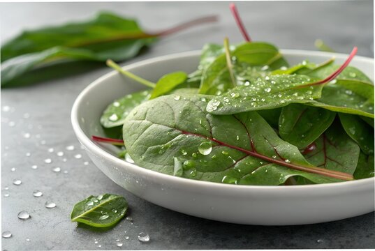 Freshly picked garden sorrel leaves with water droplets in a clean bowl