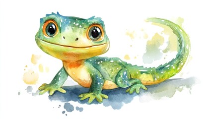 Obraz premium Adorable Watercolor Painting of a Friendly Green Lizard