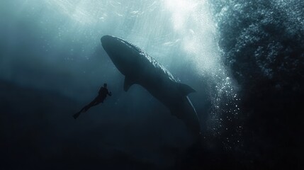Fototapeta premium Diver encounters a massive whale shark in deep ocean.