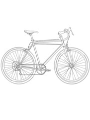 Fototapeta premium A CAD outline drawing of a minimalist bicycle, side view, with labeled components such as frame, wheels, and gears.