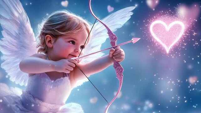 Young child with angel wings aiming a pink bow and arrow at a glowing heart in a whimsical background