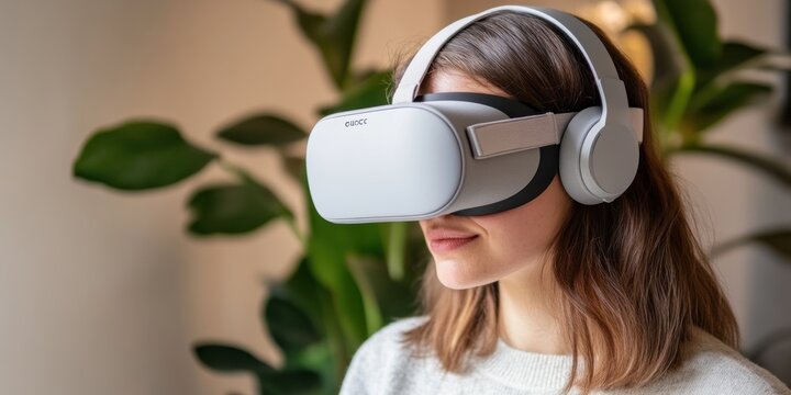Woman wearing a Meta Quest 2 virtual reality headset