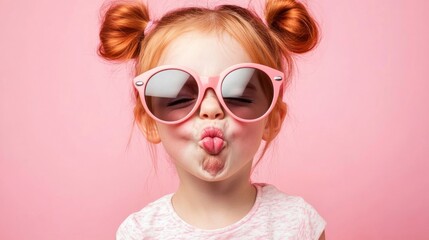 Red haired girl wearing pink sunglasses makes a kissy face
