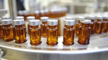 Amber Glass Vials On A Conveyor Belt In A Factory