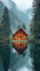 Fototapeta premium Scenic cabin by a tranquil lake.