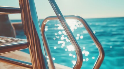 Polished Metal Swim Ladder Over Sparkling Ocean Water