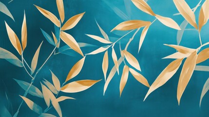 Abstract Teal Background with Golden Bamboo Leaves