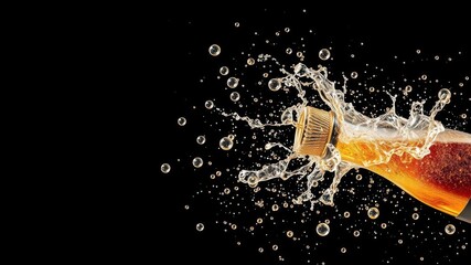 Realistic vector illustration of champagne explosion with bubbles and movement, party, closeup