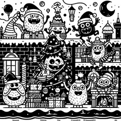 Obraz premium cool monsters are doing christmas day vector black and white