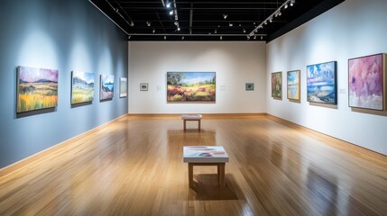 Modern art gallery interior with paintings on display.
