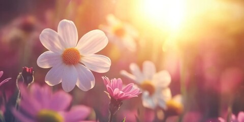 Fototapeta premium Delicate White and Pink Flowers Bask in Sunset Glow