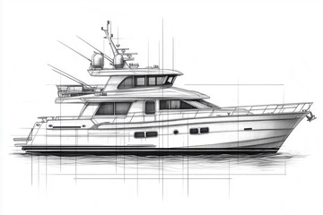 Fototapeta premium A detailed sketch of a luxury yacht, showcasing its design and structure with precise lines and shading. 