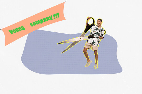 3D collage trend artwork composite sketch poster of banner young company celebration beginning startup guy business stand hold scissors