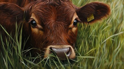 Close-up Portrait of a Brown Cow Grazing in Lush Green Grass