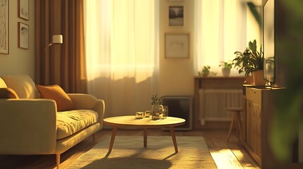 Fototapeta premium A cozy living room bathed in warm light, featuring a sofa, coffee table, and plants.