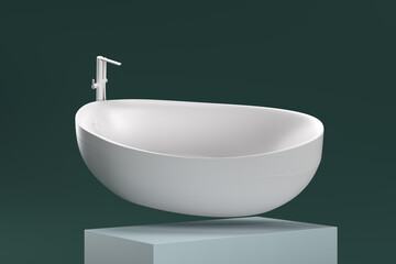 A white bathtub is shown in a green background