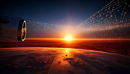Airplane soars above desert scenery, linking to worldwide network at sunset