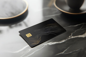 Black premium credit card is lying on a marble table in a luxury cafe, suggesting upscale lifestyle and financial freedom