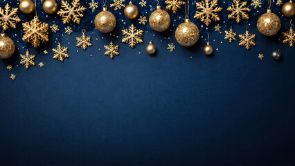 Fototapeta premium Golden glass balls and snowflakes on dark blue background. Christmas and New Year winter navy festive background. Festive backdrop for card, banner, flyer. Copy space