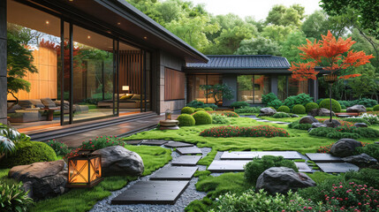 Obraz premium Japanese style garden surrounding a modern house with a black roof. The courtyard features black tiles on the ground and small stone pavers in the yard along with green grass and flowers.