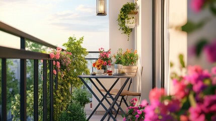 Fototapeta premium Cozy balcony with flowers, table, and chairs at sunset.
