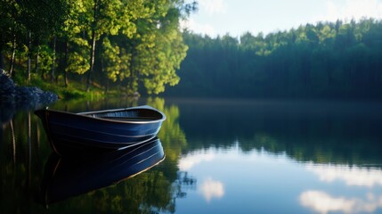 Obraz premium A small boat sits in a lake, surrounded by trees