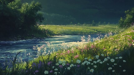 Obraz premium Serene River Scene With Lush Meadows And Wildflowers