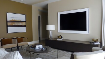 A blank white frame mounted above a flat-screen TV on a sleek media console, set in a modern, neutral-toned living room