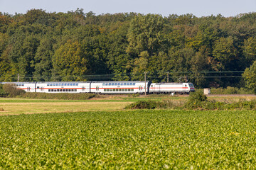 white double-decker people train across a field
