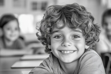 Portrait of smiling male child student sitting at desk in classroom