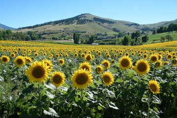 Fototapeta premium Sunflower field blooming under summer sun with mountain in background