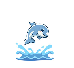 Obraz premium Vector illustration of a blue cartoon dolphin in a jump on a white background 