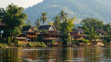 Fototapeta premium A peaceful village by the riverside with traditional houses illustrating simple living