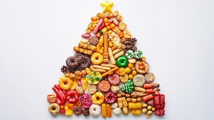 A collection of colorful snacks arranged in the shape of a holiday tree, appearing to float on a minimalistic white background, perfect for festive designs.