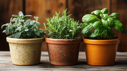 Fototapeta premium Fresh herbs growing in terracotta pots on rustic wooden table