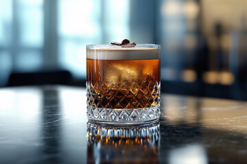 A photo of a Carajillo cocktail with coffee beans on top of foam on a modern stone bar table and background in a high class city lounge.