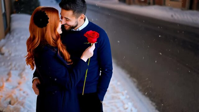 4K romantic video with a couple hugging on a snowy street. A man giving a red rose to a beautiful red-haired woman, both wearing matching blue clothes on a Valentine's Day
